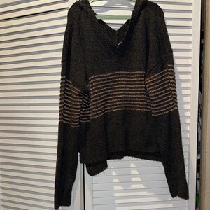 Democracy Women's V-Neck Sweater in Black with Gold Stripes